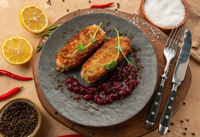 Котлета по-киевски со сливочно-брусничной начинкой и фунчозой с овощами